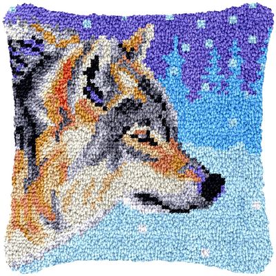 Winter Wolf Latch Hook Kits Pillow Cover DIY Rug Making Crochet Hook Cushion Making Kits with Preprinted Pattern Canvas DIY Needlework Crochet Kits Sofa Decor 43x43cm