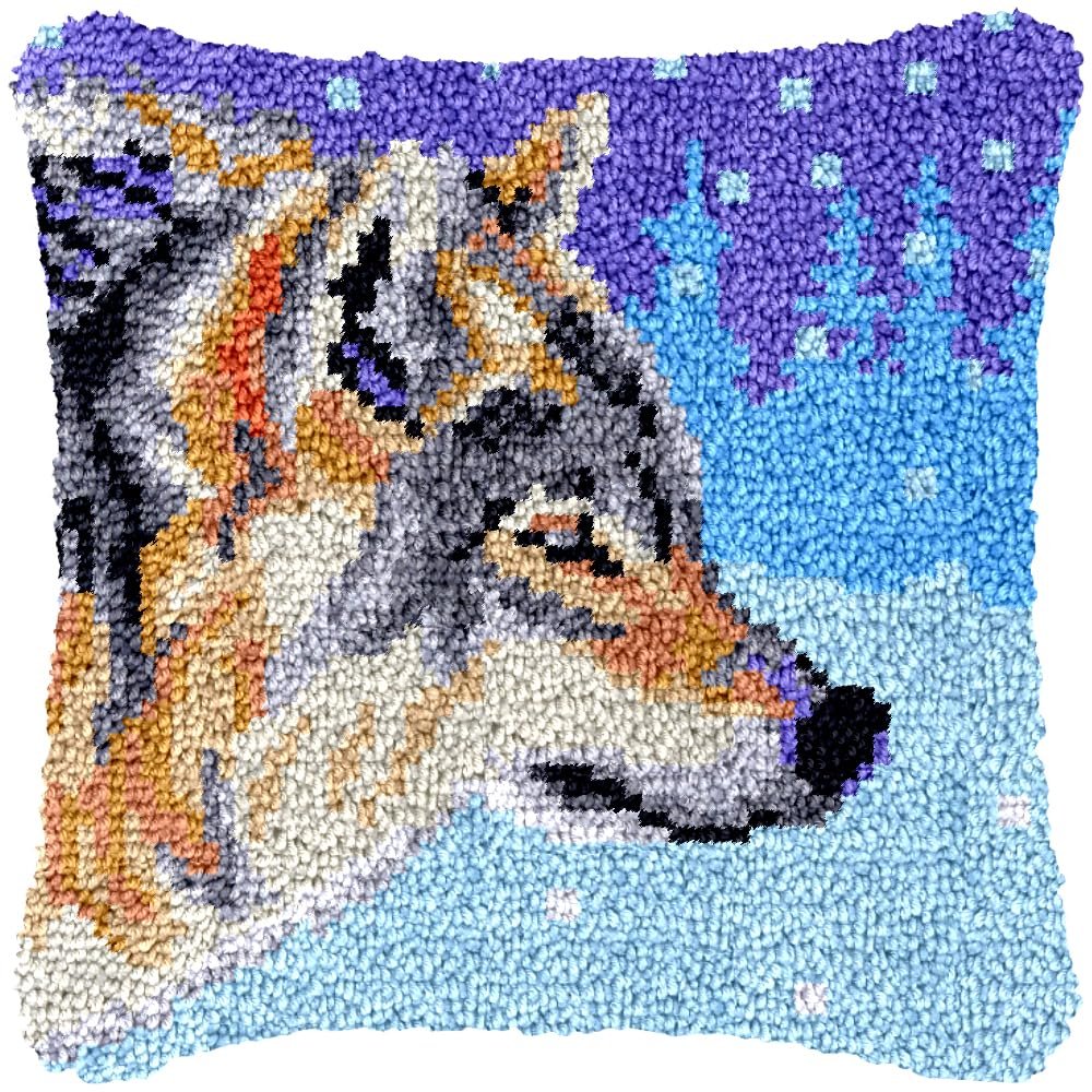 Winter Wolf Latch Hook Kits Pillow Cover DIY Rug Making Crochet Hook Cushion Making Kits with Preprinted Pattern Canvas DIY Needlework Crochet Kits Sofa Decor 43x43cm