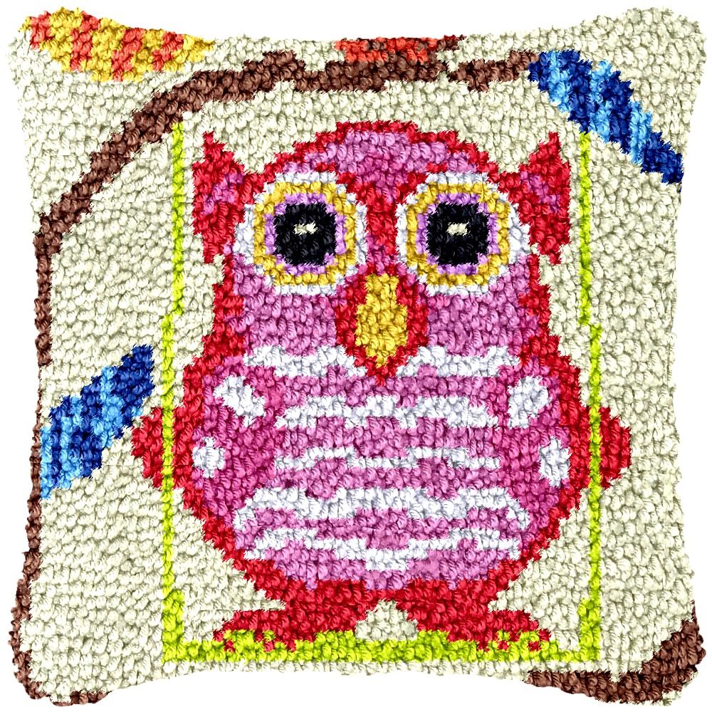 Swing Owl Latch Hook Kits Pillow Cover DIY Rug Making Crochet Hook Cushion Making Kits with Preprinted Pattern Canvas DIY Needlework Crochet Kits Sofa Decor 43x43cm
