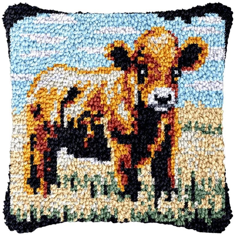 Highland Cow Baby Latch Hook Kits Pillowcase DIY Rug Making Crochet Hook Cushion Making Kits with Preprinted Pattern Canvas Christmas DIY Needlework Crochet Kits Decor 43x43cm(d26)