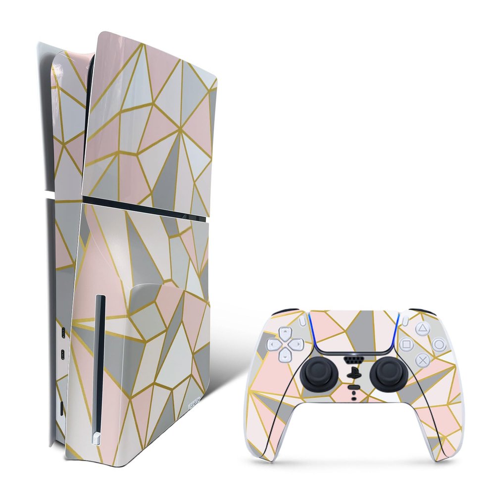 MightySkins Skin Compatible with PlayStation 5 Slim Disk Edition Bundle - Rose Gold Polygon | Protective, Durable, and Unique Vinyl Decal wrap Cover | Easy to Apply | Made in The USA