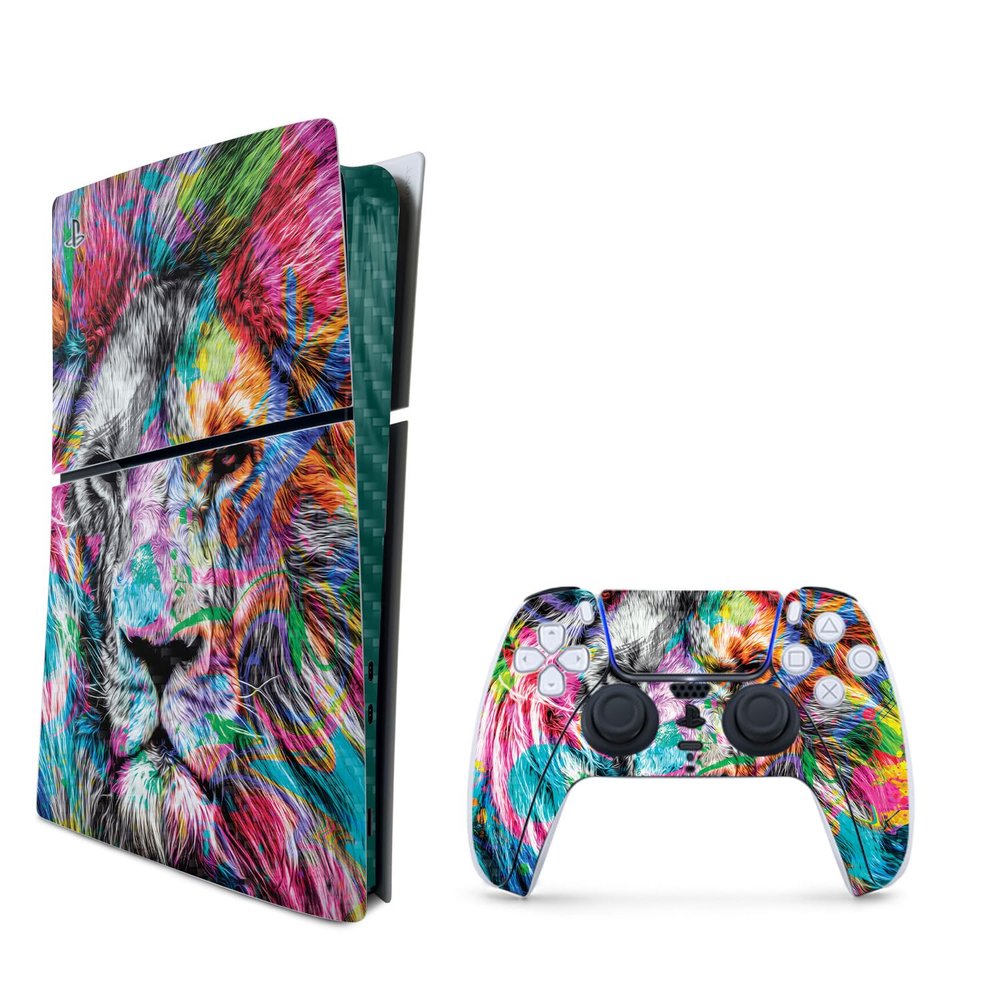 MightySkins Carbon Fiber Skin for PS5 Playstation 5 Slim Digital Edition Bundle - Neon Lion Protective, Durable Textured Carbon Fiber Finish Easy to Apply Made in The USA