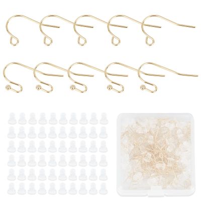 NICENEEDED 14K Gold Filled Earring Hooks, 100 PCS Ball Dot Ear Wires Fish Hooks Plated Earring Hooks for Jewelry Making Hypoallergenic Gold Earring Findings with Rubber Earring Backs for DIY Jewely