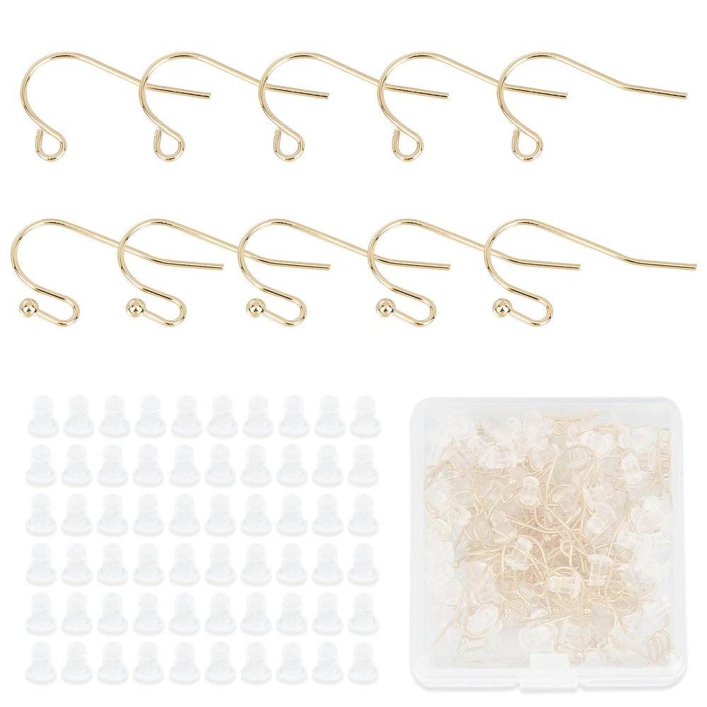 NICENEEDED 14K Gold Filled Earring Hooks, 100 PCS Ball Dot Ear Wires Fish Hooks Plated Earring Hooks for Jewelry Making Hypoallergenic Gold Earring Findings with Rubber Earring Backs for DIY Jewely