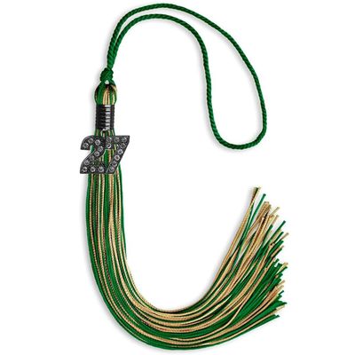 Endea Graduation Mixed Double Color Tassel with Black Bling Charm (Green/Antique Gold, 2027)