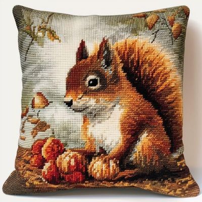 Squirrel & Nuts Latch Hook Kits Pillow DIY Rug Crochet Hook Cushion Making Kits Printed Color Pattern Canvas Pillowcase Hooking Kits Pillow Cover Starter DIY Crochet Kits 43x43cm(P19)