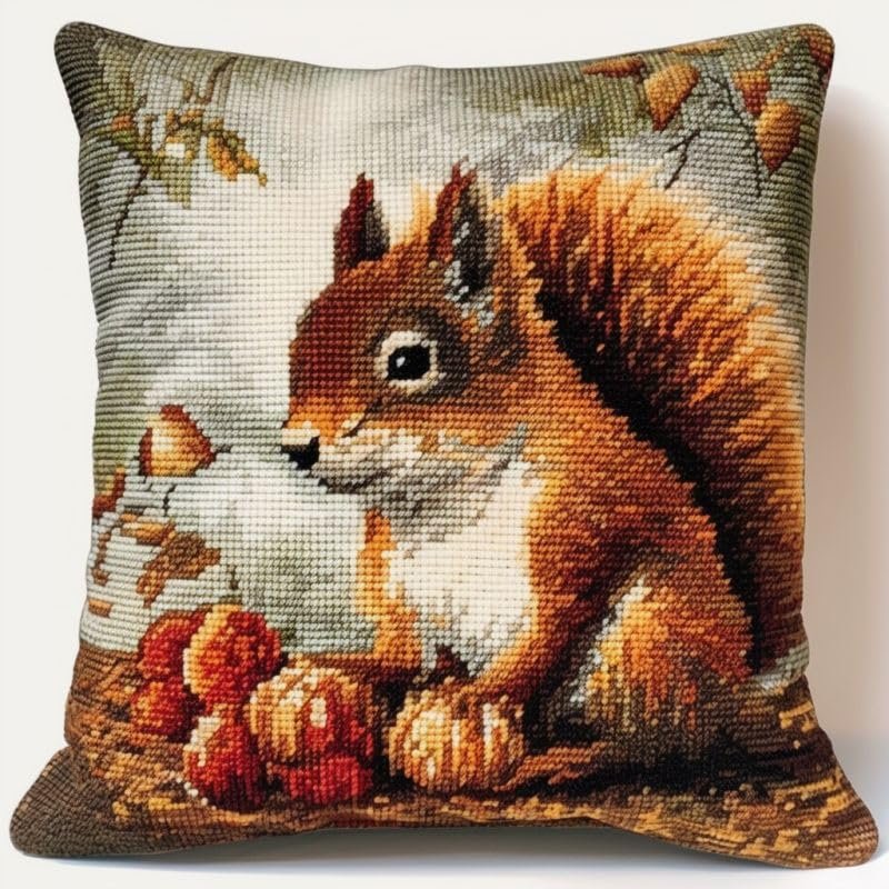 Squirrel & Nuts Latch Hook Kits Pillow DIY Rug Crochet Hook Cushion Making Kits Printed Color Pattern Canvas Pillowcase Hooking Kits Pillow Cover Starter DIY Crochet Kits 43x43cm(P19)