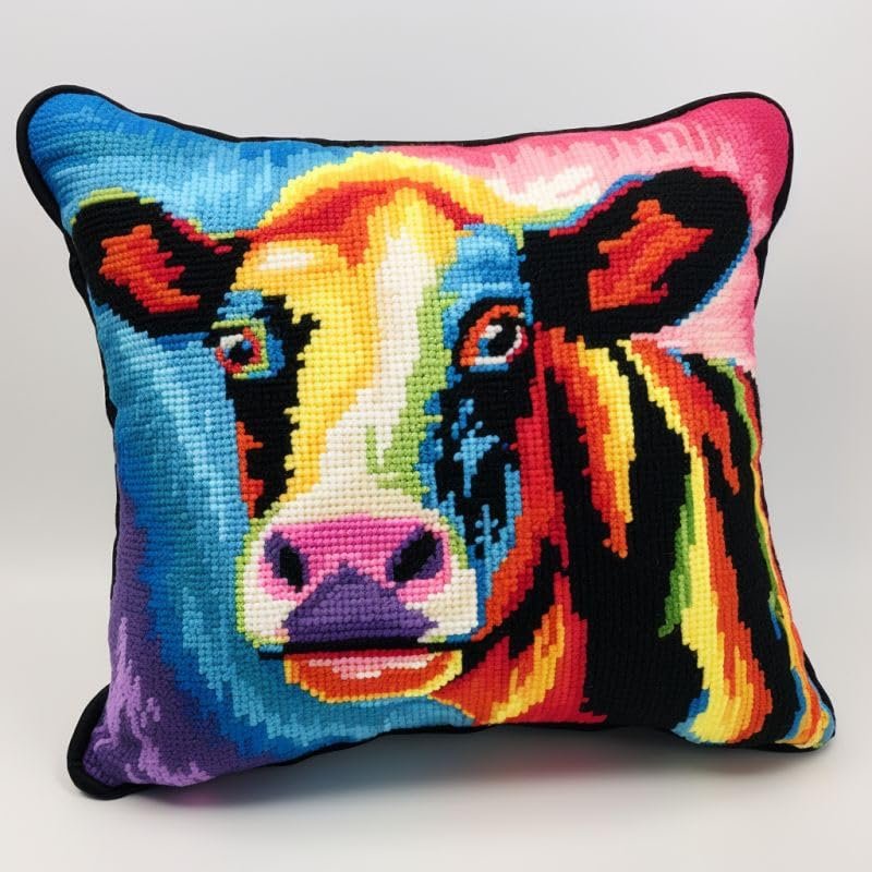 Color Dairy Cow Latch Hook Kits Pillow DIY Rug Crochet Hook Cushion Making Kits Printed Color Pattern Canvas Pillowcase Hooking Kits Pillow Cover Starter DIY Crochet Kits 43x43cm(P49)