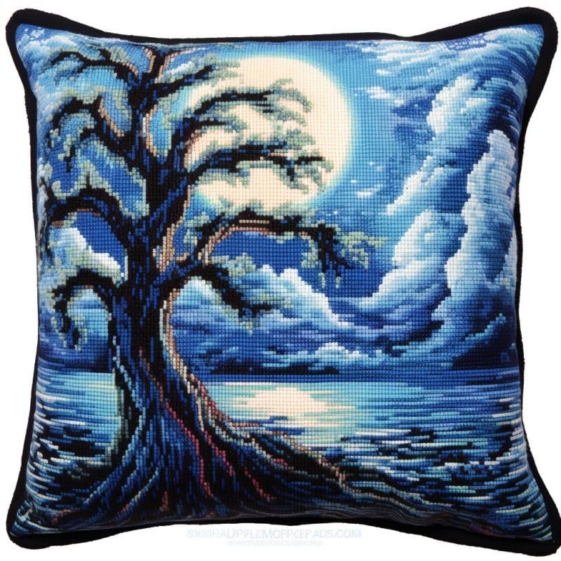 Blue Moon Tree Latch Hook Kits Pillow DIY Rug Crochet Hook Cushion Making Kits Printed Color Pattern Canvas Pillowcase Hooking Kits Pillow Cover Starter DIY Crochet Kits 43x43cm(P44)