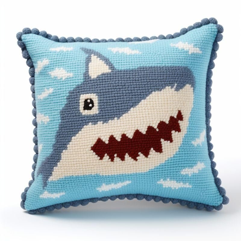 Cartoon Shark Latch Hook Kits Pillow DIY Rug Crochet Hook Cushion Making Kits Printed Color Pattern Canvas Pillowcase Hooking Kits Pillow Cover Starter DIY Crochet Kits 43x43cm(P53)