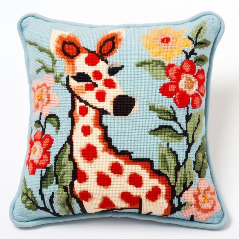 Cartoon Giraffe Latch Hook Kits Pillow DIY Rug Crochet Hook Cushion Making Kits Printed Color Pattern Canvas Pillowcase Hooking Kits Pillow Cover Starter DIY Crochet Kits 43x43cm(P130)