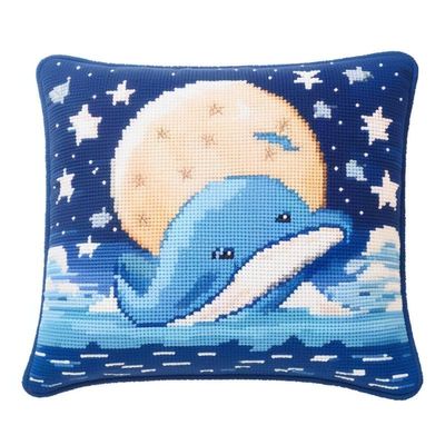 Cartoon Blue Dolphin Latch Hook Kits Pillow DIY Rug Crochet Hook Cushion Making Kits Printed Color Pattern Canvas Pillowcase Hooking Kits Pillow Cover Starter DIY Crochet Kits 43x43cm(P188)