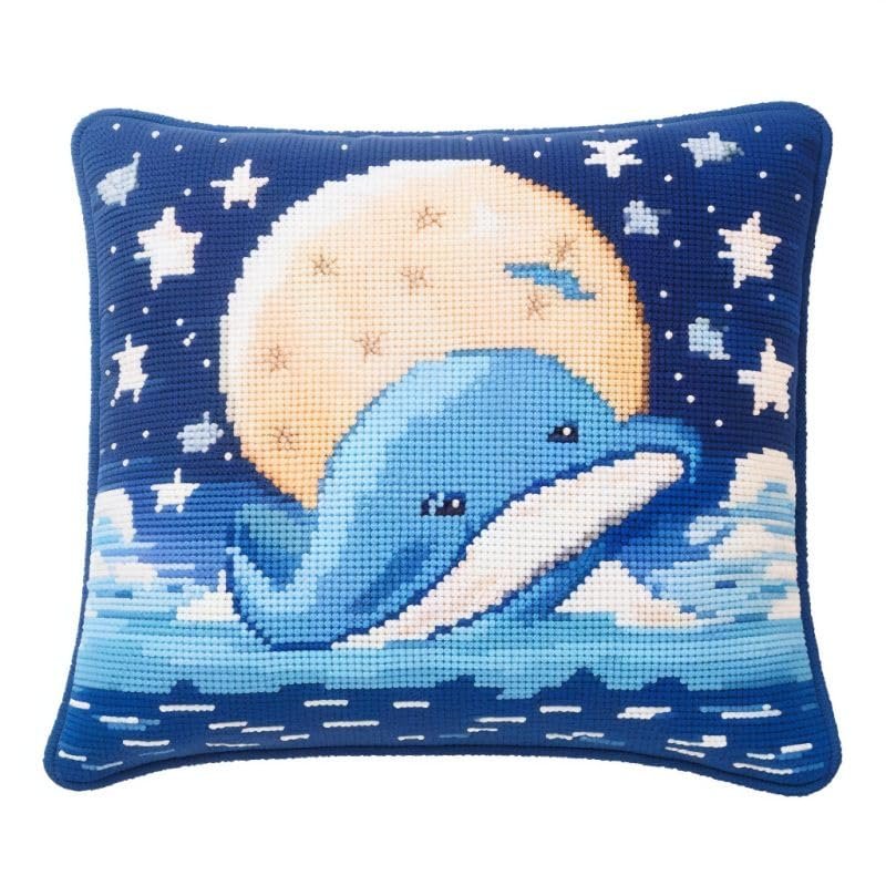 Cartoon Blue Dolphin Latch Hook Kits Pillow DIY Rug Crochet Hook Cushion Making Kits Printed Color Pattern Canvas Pillowcase Hooking Kits Pillow Cover Starter DIY Crochet Kits 43x43cm(P188)