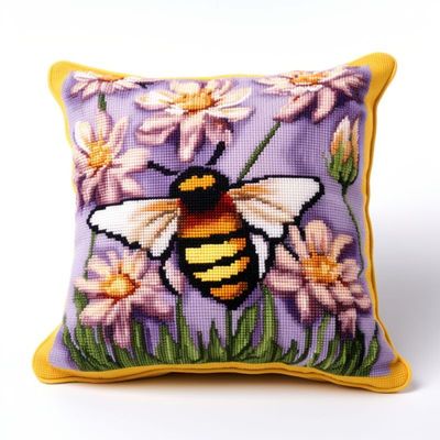 Bee Purple Latch Hook Kits Pillow DIY Rug Crochet Hook Cushion Making Kits Printed Color Pattern Canvas Pillowcase Hooking Kits Pillow Cover Starter DIY Crochet Kits 43x43cm(P182)