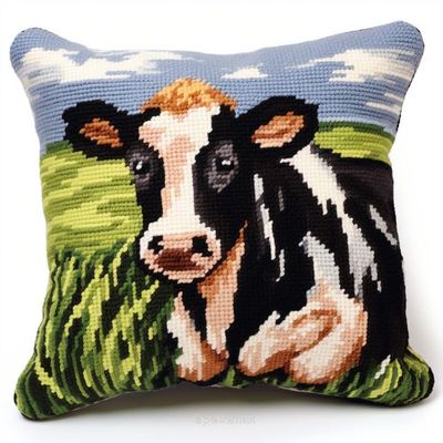 Flower Dairy Cattle Latch Hook Kits Pillow DIY Rug Crochet Hook Cushion Making Kits Printed Color Pattern Canvas Pillowcase Hooking Kits Pillow Cover Starter DIY Crochet Kits 43x43cm(P48)