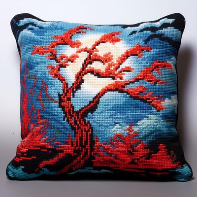 Moon Night Red Blossom Tree Latch Hook Kits Pillow DIY Rug Crochet Hook Cushion Making Kits Printed Color Pattern Canvas Pillowcase Hooking Kits Starter DIY Crochet Kits 43x43cm(P199)