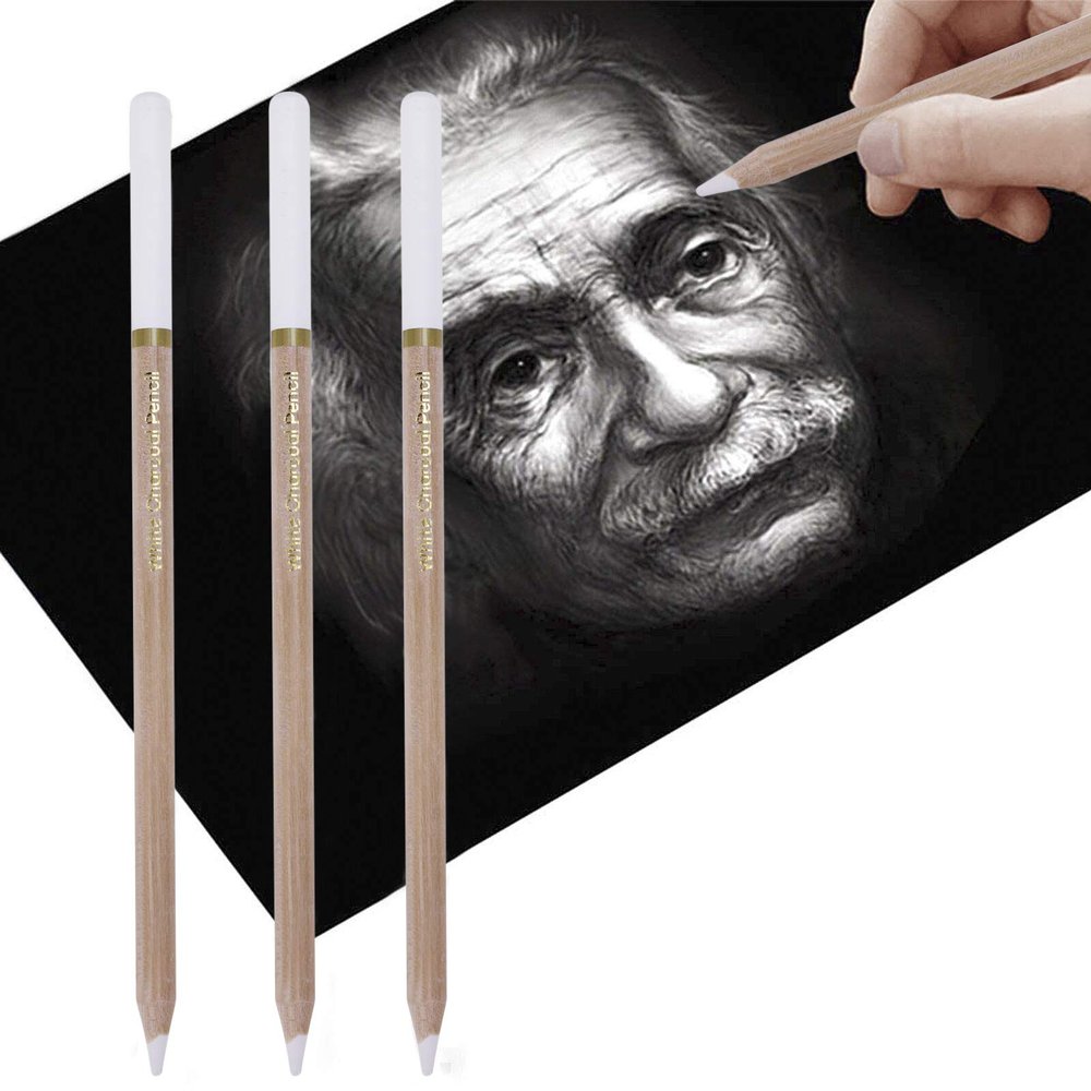 Beisto 3Pcs White Charcoal Pencils for Drawing Sketch Highlight Pencils Eraser White Sketch Pencil Chalk Pencils