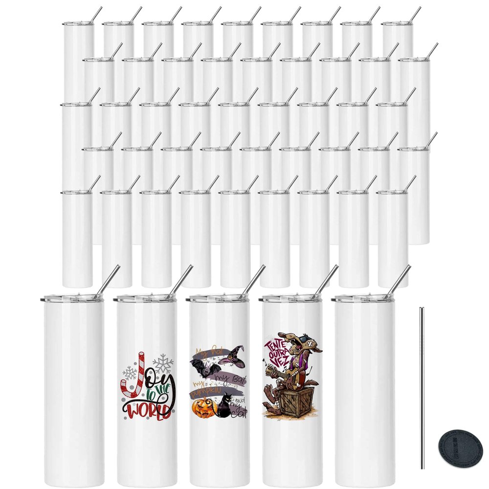AGH 50 Pack Sublimation Tumbler Blanks with Lid and Stainless Steel Straw,20 OZ Straight Stainless Steel Skinny Straight Sublimation Tumbler Cups (50PCS-White)