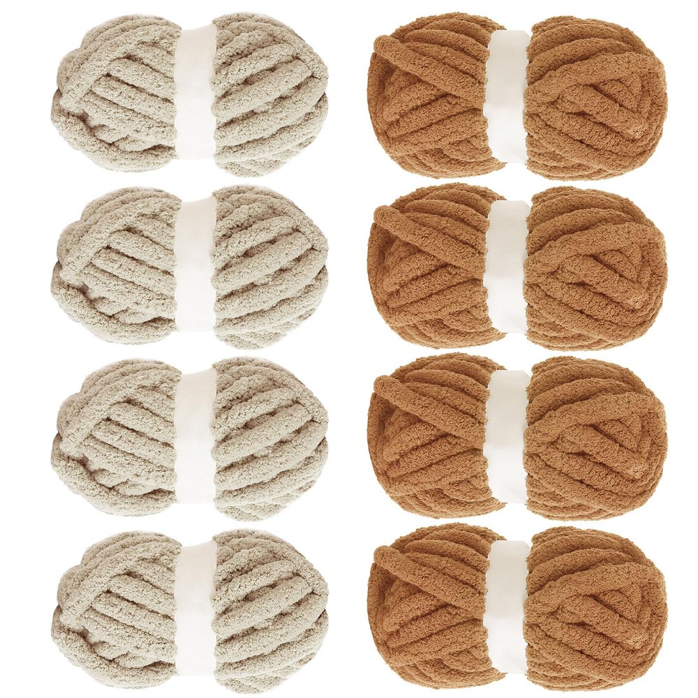 MABOZOO Assorted Chunky Yarn for Hand Knitting 8 Pack, Fluffy Jumbo Chenille Yarn, Soft Plush Yarn Bulky, Giant Thick Fuzzy Yarn for Arm Knitting,Khaki & Coffee(31.7 yds,8 oz Each Skein)