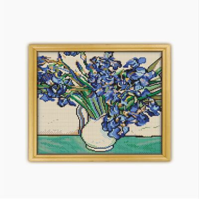 Irises by Vincent Van Gogh CS2279-1 - Counted Cross Stitch KIT#2. Set of Threads, Needles, AIDA Fabric, Needle Threader, Embroidery Clippers and Printed Color Pattern Inside.