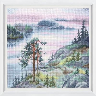 Wizardi Counted Cross Stitch Kit Dawn Hour M993 - Mountain Sunrise Landscape Design, 14ct White Zweigart Aida DMC 46 Colors Floss, Needle, Chart, 10.04x7.87 Kit for Adults RTO