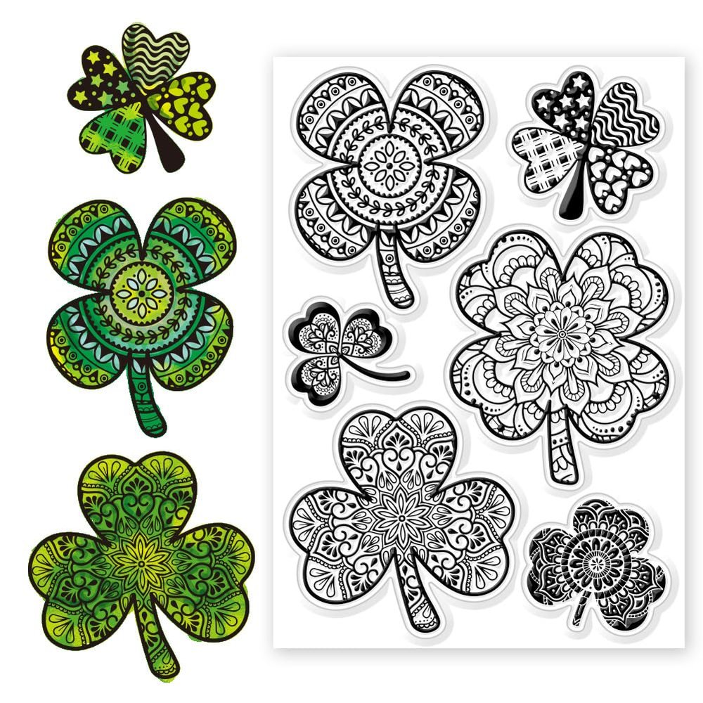 CHGCRAFT St. Patrick's Day Silicone Stamps: Four Leaf Clover Mandala Background Transparent Stamps for St. Patrick's Day Card Making DIY Scrapbooking Photo, 4.3x6.3inch