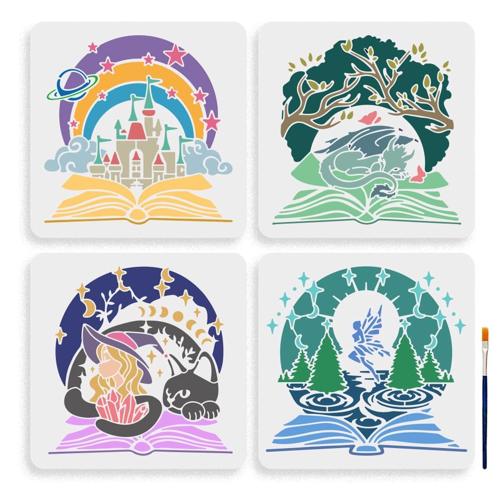 MAYJOYDIY 4pcs Magic Book Stencil 11.811.8inch Large Castle Witch Cat Elf Forest Stencil with Paint Brush Dreamy Book Themed Drawing Template for Wood Walls Canvas Furniture Crafts Art Projects