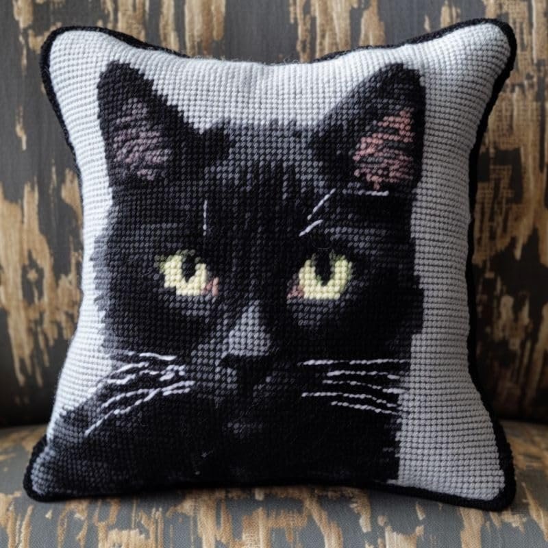 DIY Latch Hook Pillowcase with Printed Pattern Embroidery Kits Cross Stitch Latch Hook kit Throw Pillow Embroidery Craft Kits Cushion for Adults 43 * 43cm(Black Cat) D22