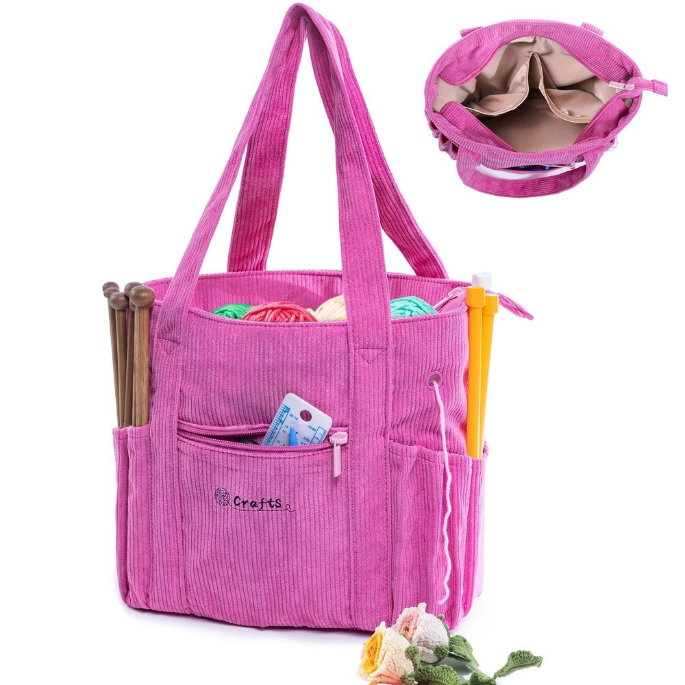 MYBAGZING Crochet Bag and Tote - Corduroy Yarn Bag - Yarn Holder for Crocheting - Crochet Storage Bag for Crochet Hooks, Crochet Accessories, Knitting Bag for Crochet Lovers, Mom Gift
