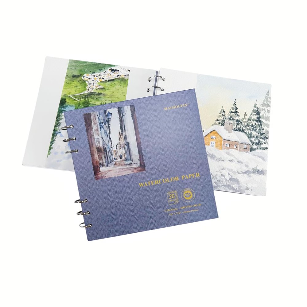 MAIMOUFIN Watercolor Journal,100% Cotton Watercolor Paper, 7.6" x 7.6",20 Sheets140LB/300GSM Cold Press, Hardcover Loose-Leaf Thick Watercolor Sketchbook for Artists, Art Lovers (Cold Press)