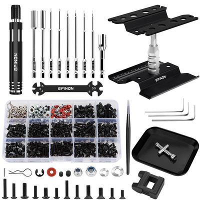 EPINON RC Car Repair Work Stand Repair Tool Set 360 Degree Rotation and 520 Pcs RC Screws Kit and RC Screwdrivers and Screws Pallet for 1/8 1/10 1/12 1/16 1/18 RC Car Crawler Truck Buggy (Black)
