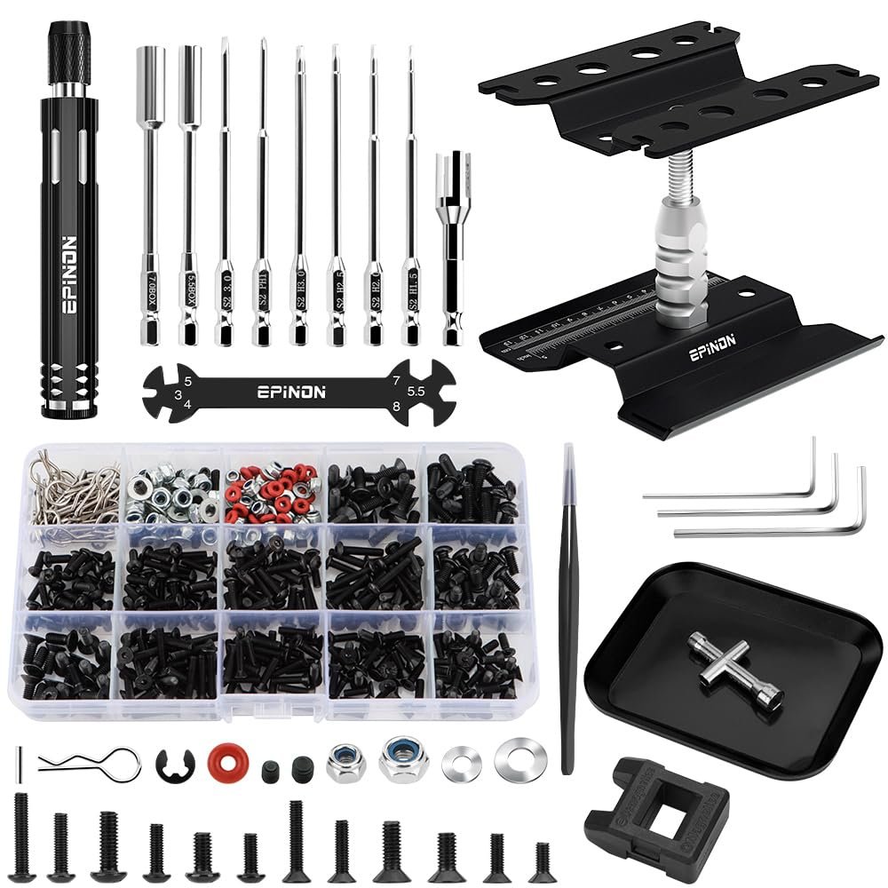 EPINON RC Car Repair Work Stand Repair Tool Set 360 Degree Rotation and 520 Pcs RC Screws Kit and RC Screwdrivers and Screws Pallet for 1/8 1/10 1/12 1/16 1/18 RC Car Crawler Truck Buggy (Black)