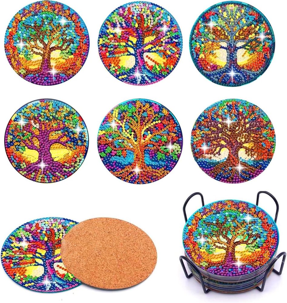 Puraikcmi 6pcs Tree of Life Plants Diamond Art Coasters Kits with Holder DIY Small Tree Diamond Paintings Coasters for Beginners, Adults, Diamond Art Crafts Supplies
