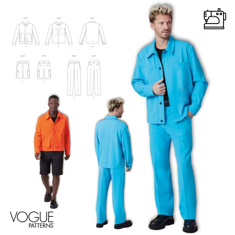 Vogue V2022AA Men's Semi-Fitted Unlined Jackets, Cargo Pocket Shorts and Mid-Rise Semi-Fitted Pants Sewing Pattern Packet, Design Code V2022 Sizes 34-36-38-40-42 Multicolor