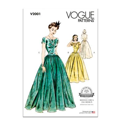 Vogue V2001Y5 Misses' Vintage 1941 Long Length Dress Sewing Pattern Packet, Design Code V2001 Sizes 18-20-22-24-26 Multicolor