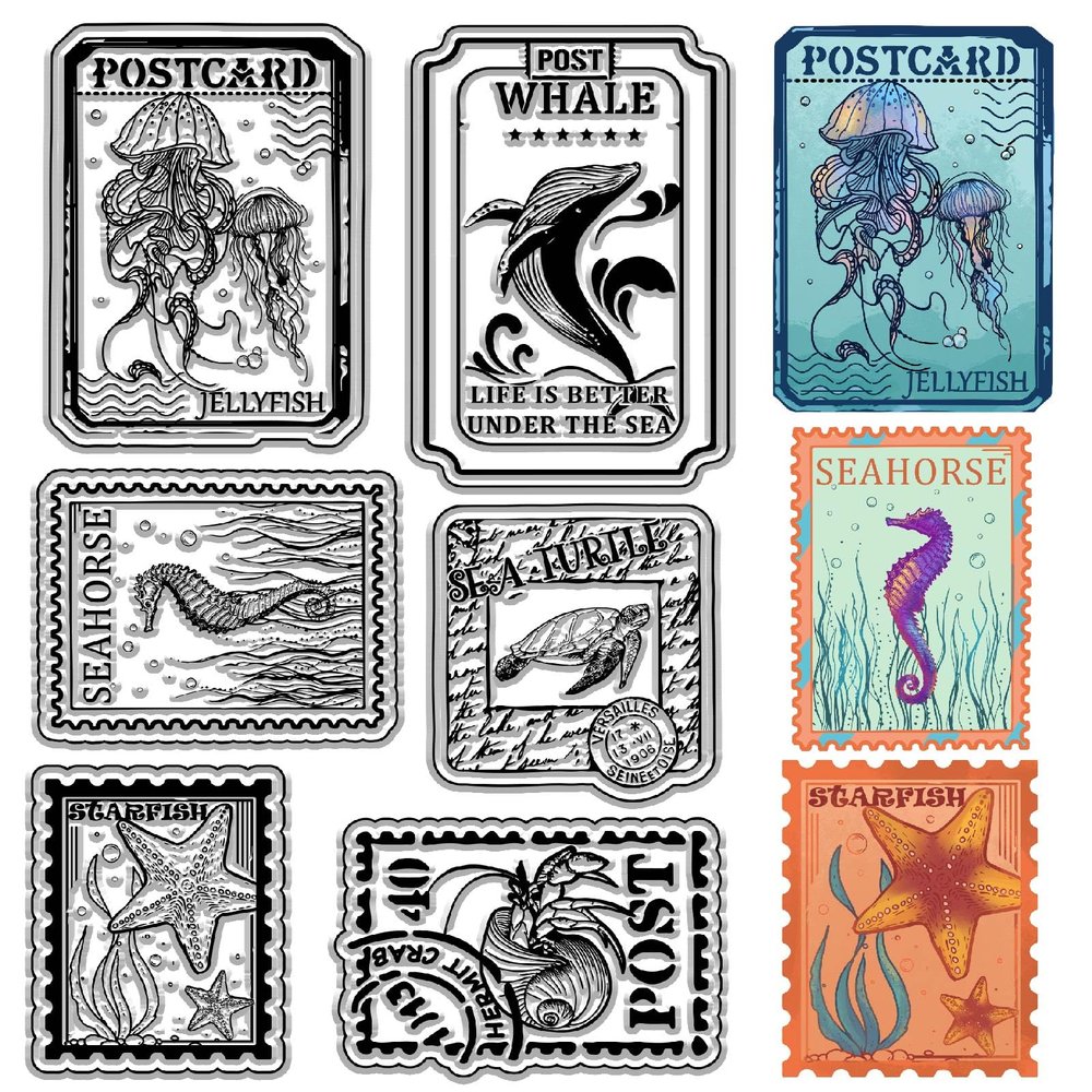 CRASPIRE Marine Animal Clear Stamps Philatelic Ocean Jellyfish Starfish Turtle Seahorse Conch Reusable Retro Transparent Silicone Stamp Seals for Journaling Card Making DIY Scrapbooking Photo Album