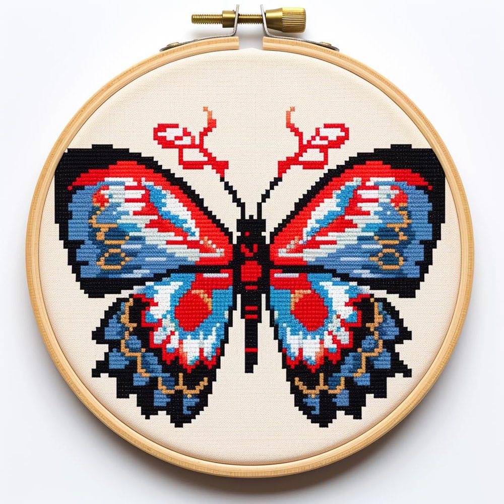 Papillon DIY Stamped Cross Stitch Kits for Beginners Easy with Hoop 11CT Needlepoint Embroidery Counted Cross Stitch Kits Art Craft Wall Decoration 35x35cm(3)