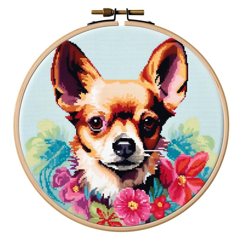 Chihuahua DIY Stamped Cross Stitch Kits for Beginners Easy with Hoop 11CT Needlepoint Embroidery Counted Cross Stitch Kits Art Craft Wall Decor and Gift 35x35cm(3)