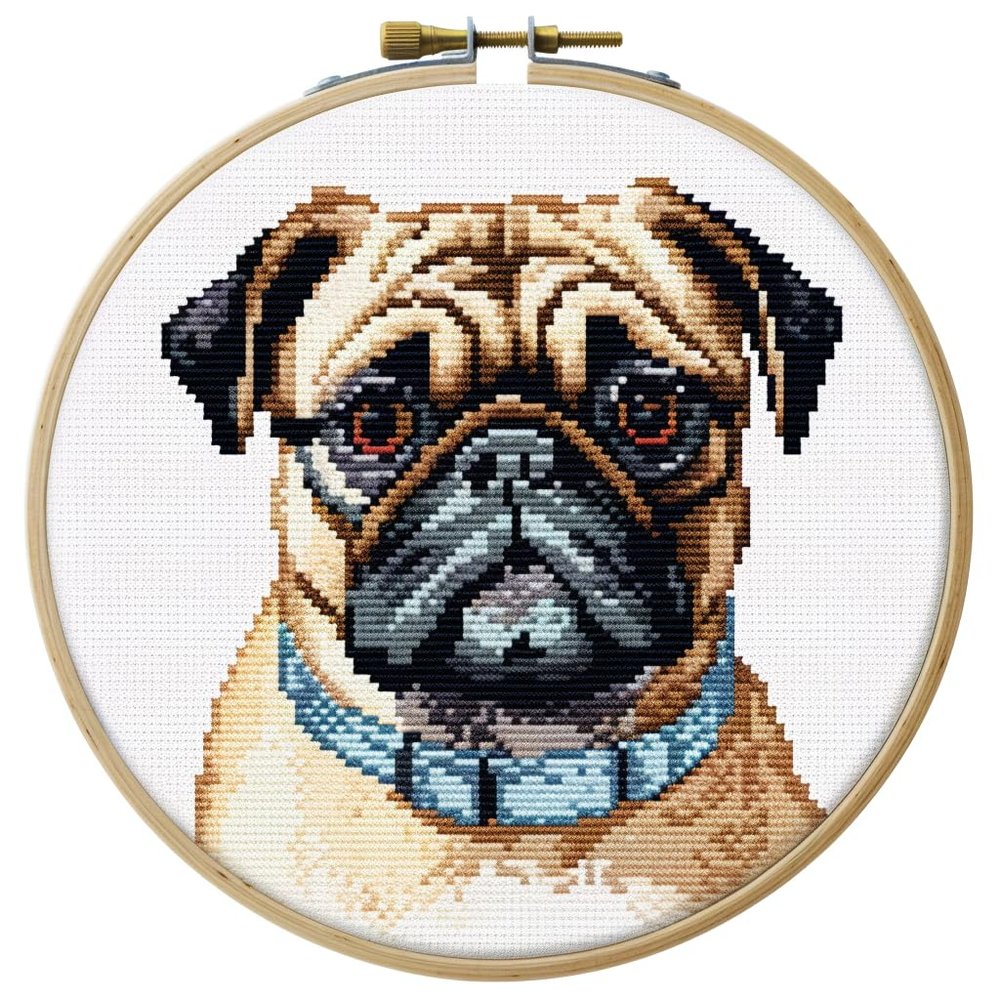 Pug Dog Stamped Cross Stitch Kits for Beginners Easy with Hoop 11CT Needlepoint Embroidery DIY Counted Cross Stitch Kits Art Craft Wall Decoration 40x40cm(4)
