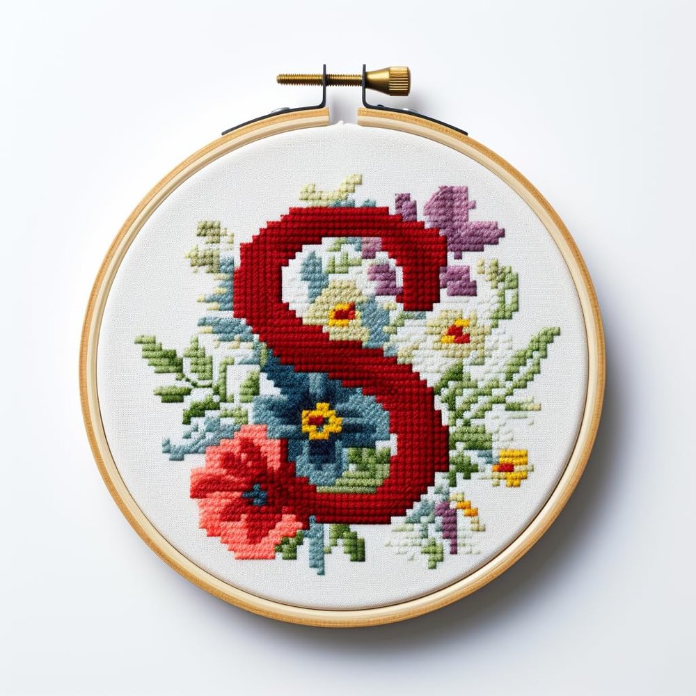 Letter S in Flowers Stamped Cross Stitch Kits for Beginners Easy with Hoop 11CT Needlepoint Embroidery Counted Cross Stitch Kits Art Craft Wall Decoration 35x35cm(3)