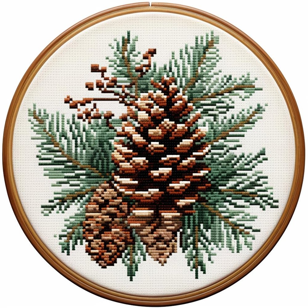 Pinecone and Leaves Stamped Cross Stitch Kits for Beginners Easy with Hoop 11CT Needlepoint Embroidery DIY Counted Cross Stitch Kits Art Craft Wall Decoration 40x40cm(1)