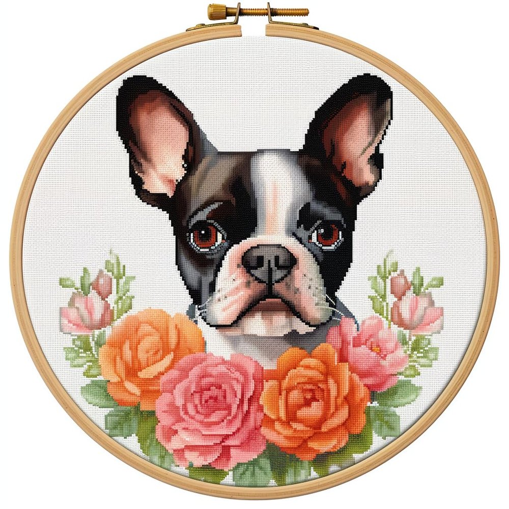 NineTribe Basics Boston Terrier with Flower DIY Stamped Cross Stitch Kits for Beginners Easy with Hoop 11CT Needlepoint Embroidery Counted Cross Stitch Kits Art Craft Wall Decor and Gift 40x40cm(1)