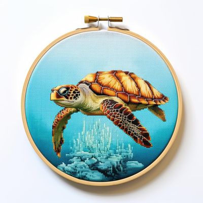 Sea Turtle Stamped Cross Stitch Kits for Beginners Easy with Hoop 11CT Needlepoint Embroidery DIY Counted Cross Stitch Kits Art Craft Wall Decoration 40x40cm(1)
