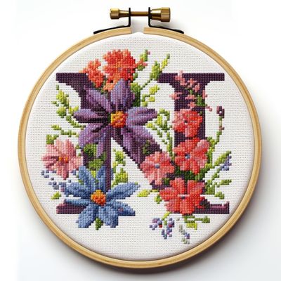 Letter N in Flowers Stamped Cross Stitch Kits for Beginners Easy with Hoop 11CT Needlepoint Embroidery Counted Cross Stitch Kits Art Craft Wall Decoration 35x35cm(2)