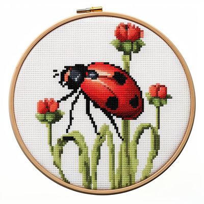 Red Ladybug DIY Stamped Cross Stitch Kits for Beginners Easy with Hoop 11CT Needlepoint Embroidery Counted Cross Stitch Kits Art Craft Wall Decoration 35x35cm(4)