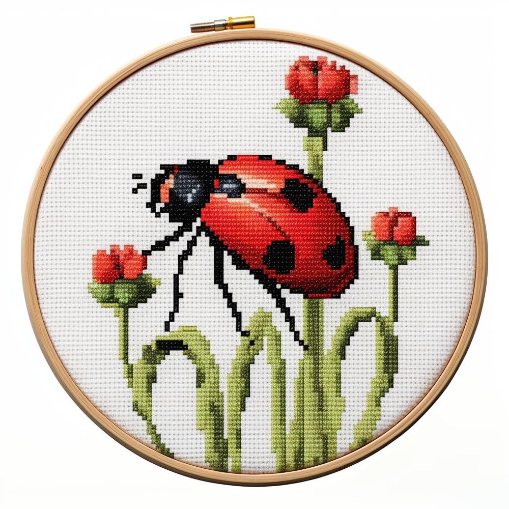 Red Ladybug DIY Stamped Cross Stitch Kits for Beginners Easy with Hoop 11CT Needlepoint Embroidery Counted Cross Stitch Kits Art Craft Wall Decoration 35x35cm(4)