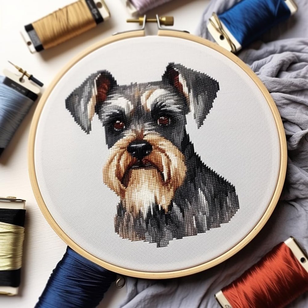 Schnauzer Stamped Cross Stitch Kits for Beginners Easy with Hoop 11CT Needlepoint Embroidery DIY Counted Cross Stitch Kits Art Craft Wall Decoration 40x40cm(2)