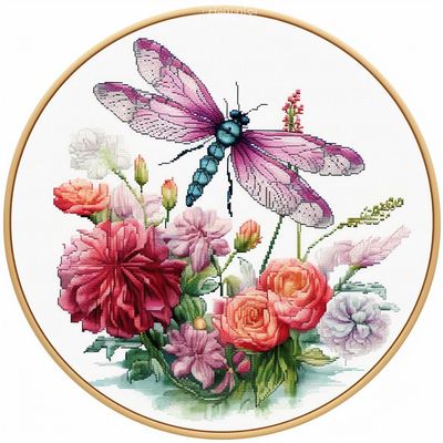 Dragonfly and Flowers DIY Stamped Cross Stitch Kits for Beginners Easy with Hoop 11CT Needlepoint Embroidery Counted Cross Stitch Kits Art Craft Wall Decor and Gift 40x40cm(2)