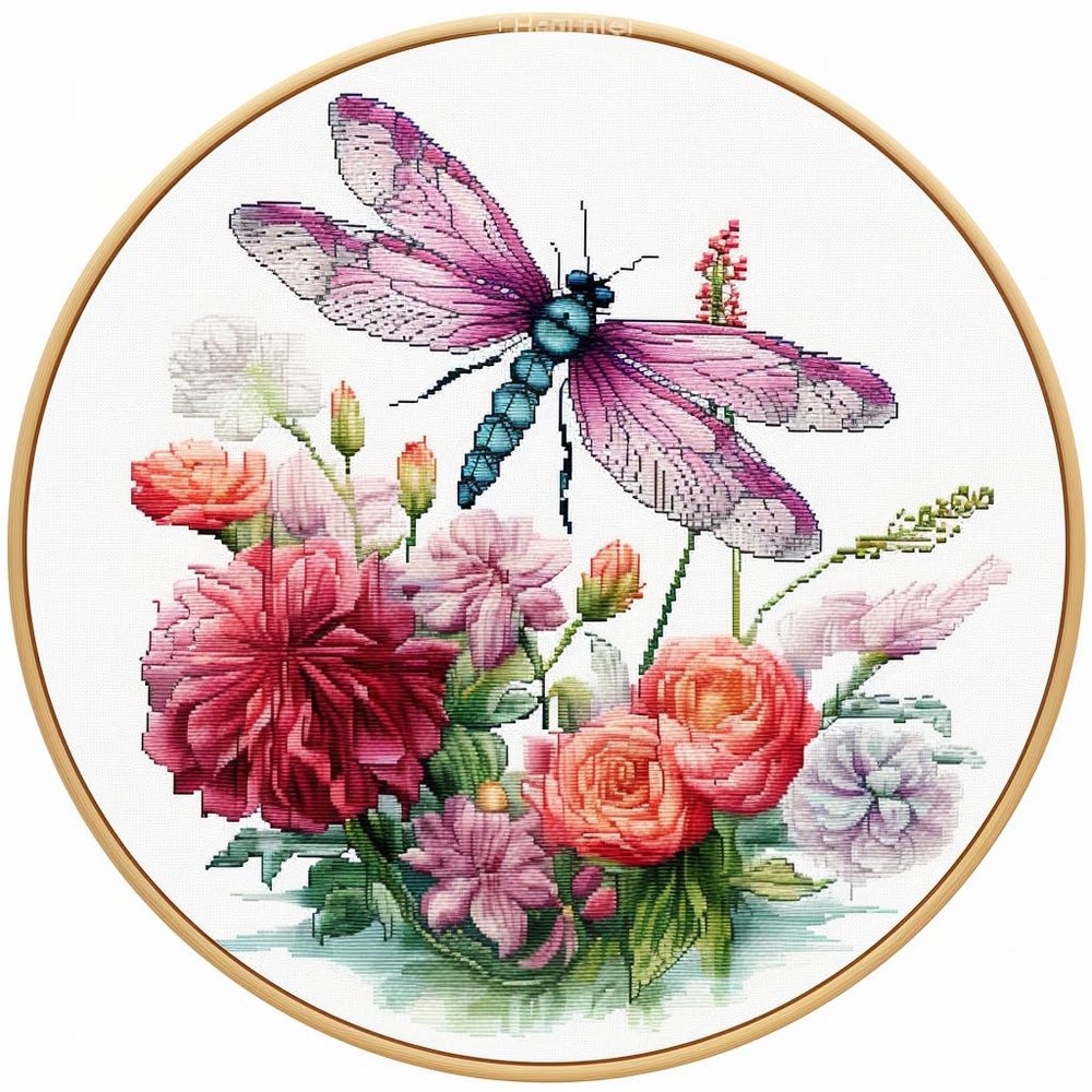 Dragonfly and Flowers DIY Stamped Cross Stitch Kits for Beginners Easy with Hoop 11CT Needlepoint Embroidery Counted Cross Stitch Kits Art Craft Wall Decor and Gift 40x40cm(2)