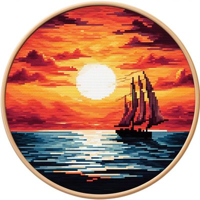 Sailboat and Sunset Round Shape Stamped Cross Stitch Kits for Beginners Easy with Hoop 11CT Needlepoint Embroidery DIY Counted Cross Stitch Kits Art Craft Wall Decoration 40x40cm(1)